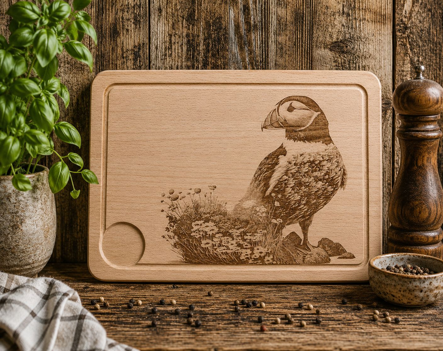 Hevea wood chopping/serving board - PUFFIN design