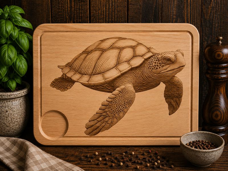 Hevea wood chopping/serving board- engraved TURTLE design