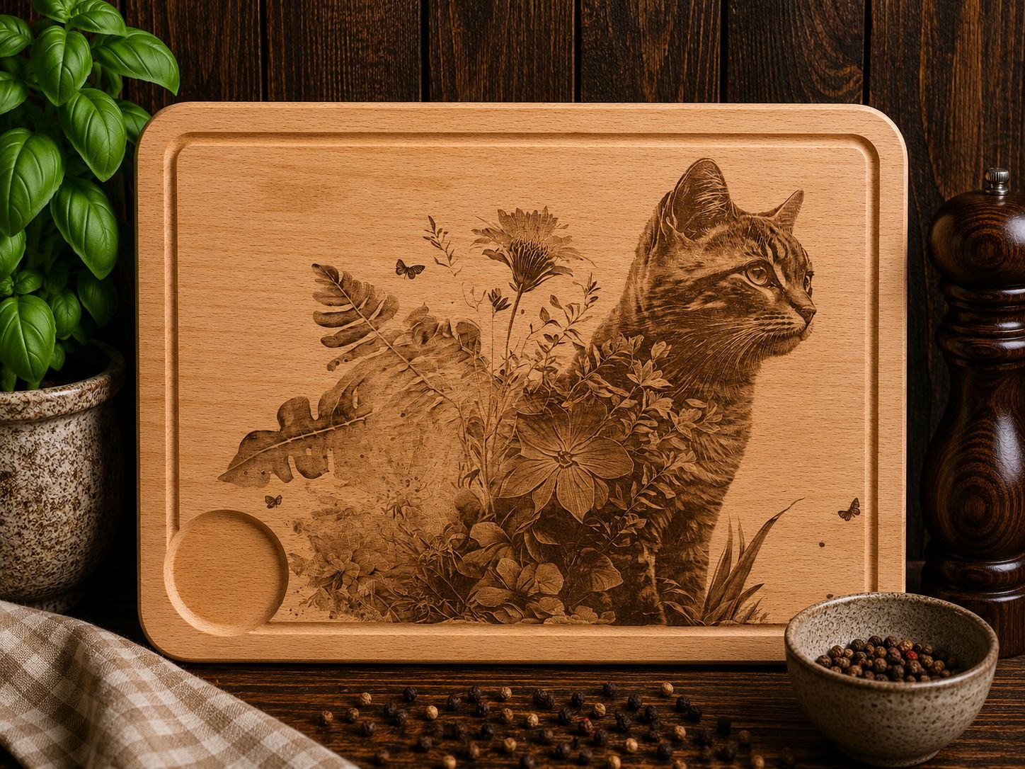 Hevea wood chopping/serving board - CAT IN FLOWERS design