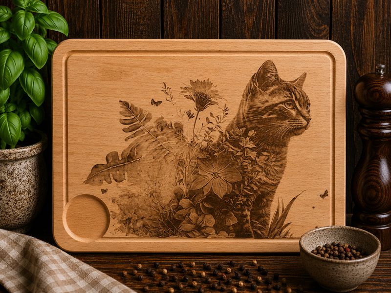 Hevea wood chopping/serving board - CAT IN FLOWERS design