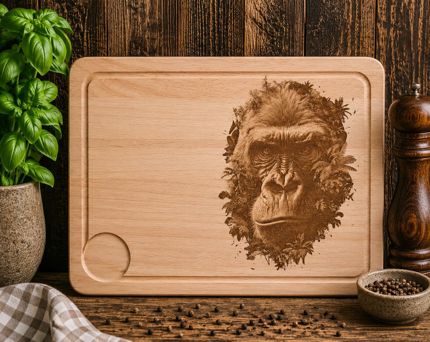 Hevea wood chopping/serving board- engraved GORILLA design