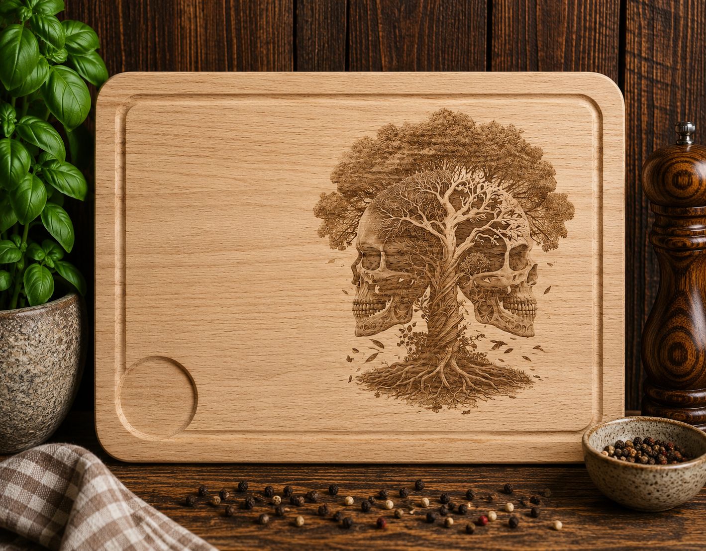Hevea wood chopping/serving board - SKULLS IN TREE OF LIFE design
