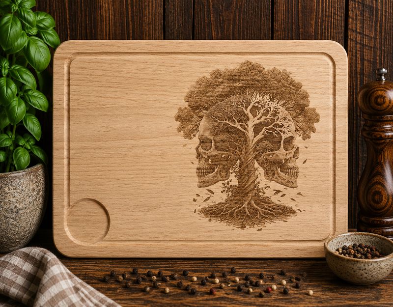Hevea wood chopping/serving board - SKULLS IN TREE OF LIFE design