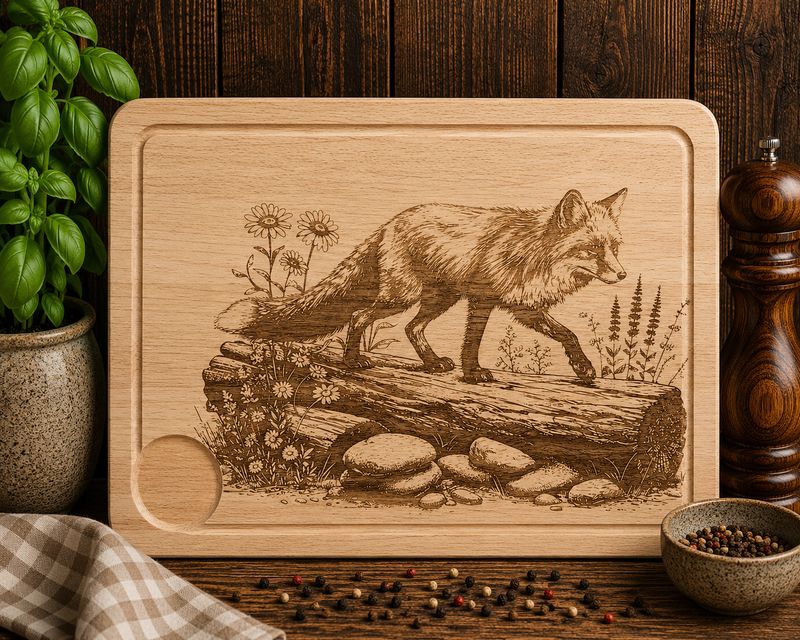 Hevea wood chopping/serving board - FOX ON LOG design