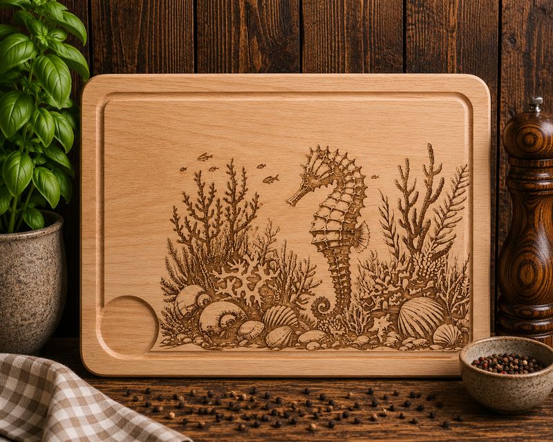 Hevea wood chopping/serving board- engraved SEAHORSE design