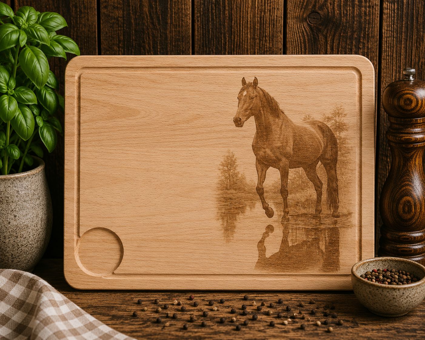 Hevea wood chopping/serving board- engraved STANDING HORSE design