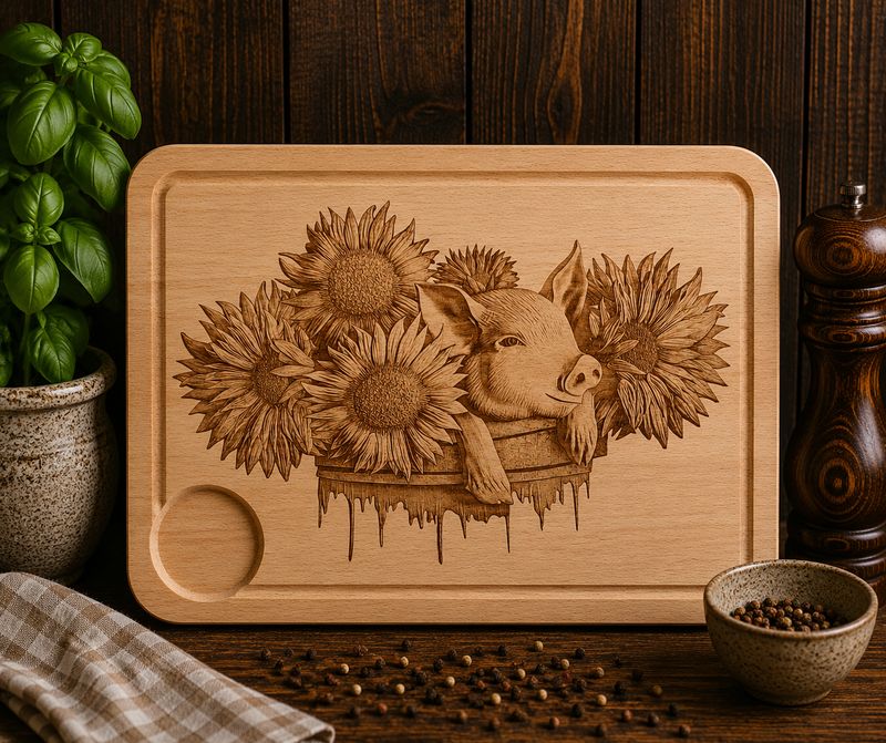 Hevea wood chopping/serving board- engraved PIG IN SUNGLOWERS design