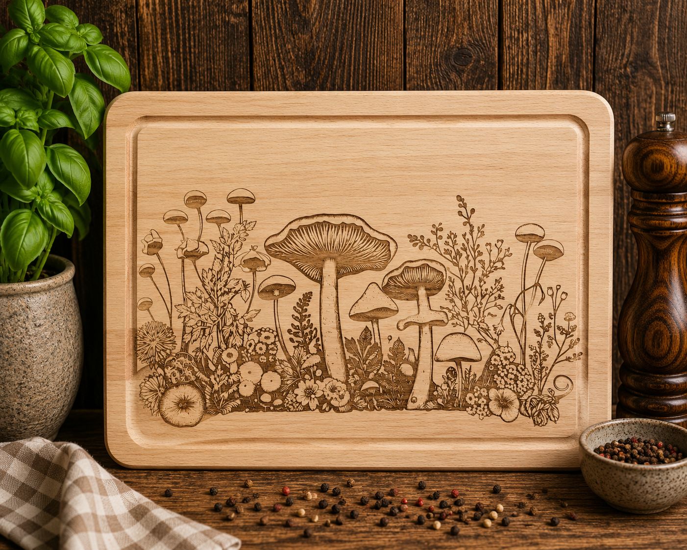 Hevea wood chopping/serving board - FLORAL MUSHROOM design