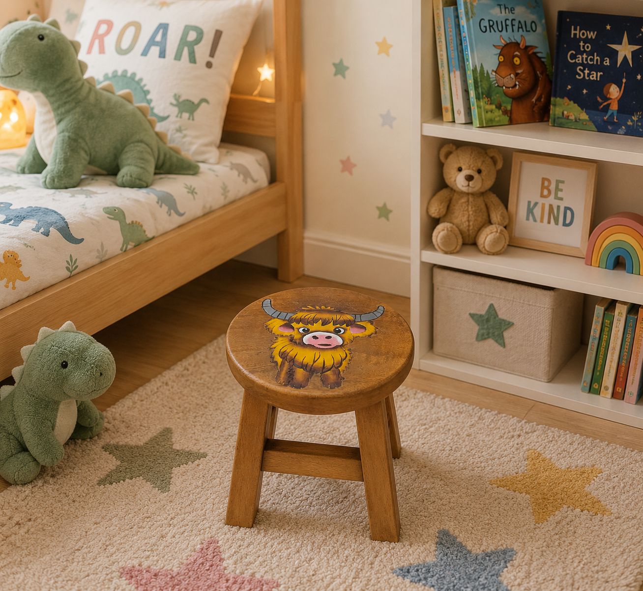 Wooden childs stool - Darkwood Painted HIGHLAND COW Design