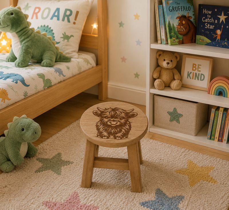 Wooden childs stool - HIGHLAND COW Design