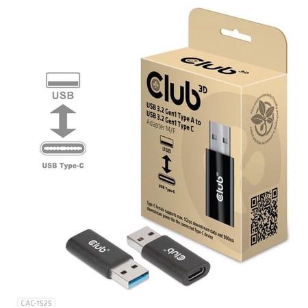 Club3D USB 3.2 to USB-C 3.2 Male/Female Adapter Black Adapters