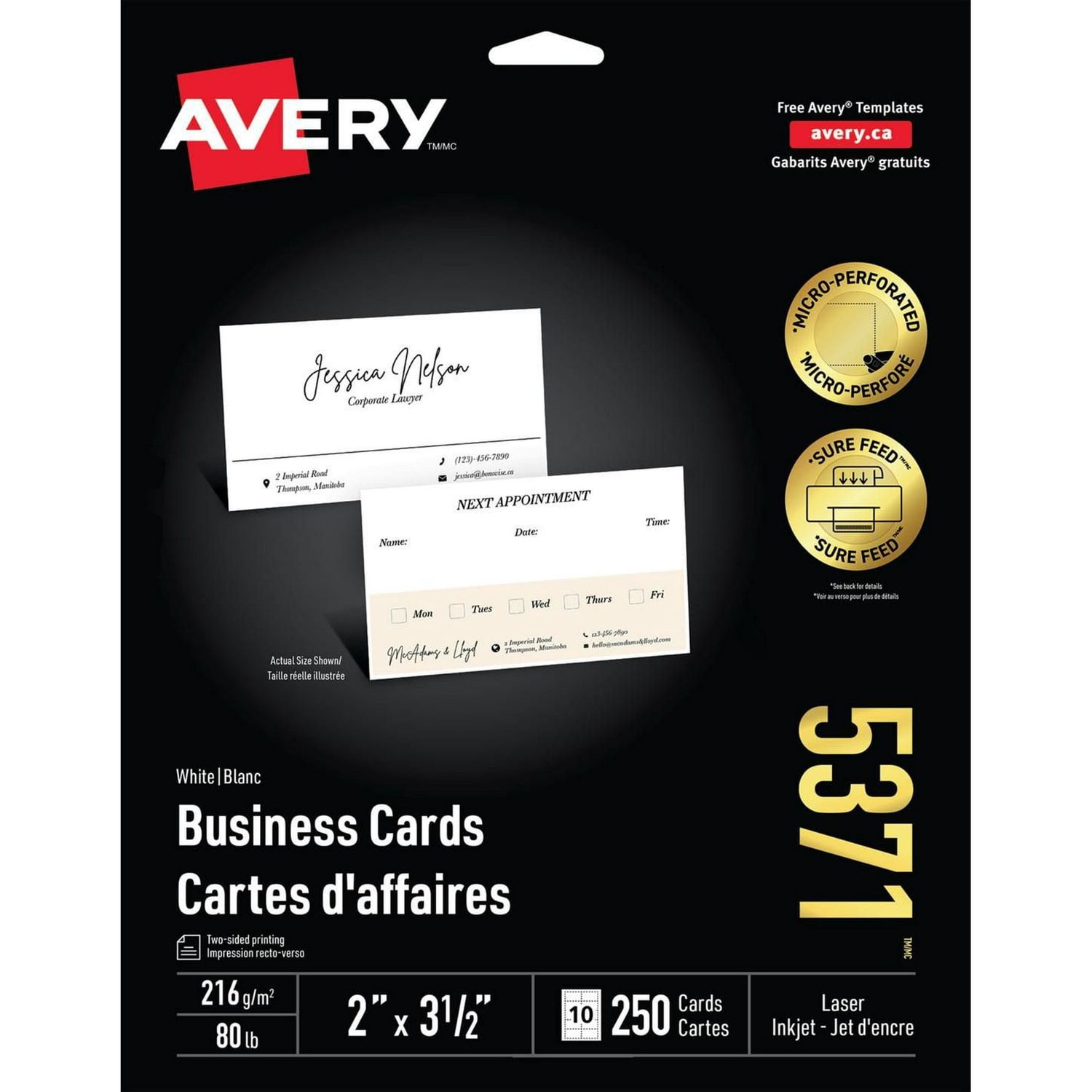 Avery Business Cards With Sure Feed Technology, Micro-Perforated, 2" X 3 ½", For Laser And Inkjet Printers - 5371 2" X 3-1/2"