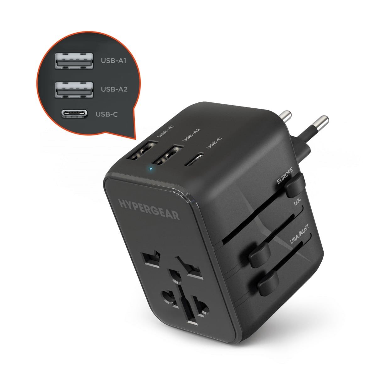 HyperGear WorldCharge Universal Travel Adapter with USB/USB-C (Black) 15822