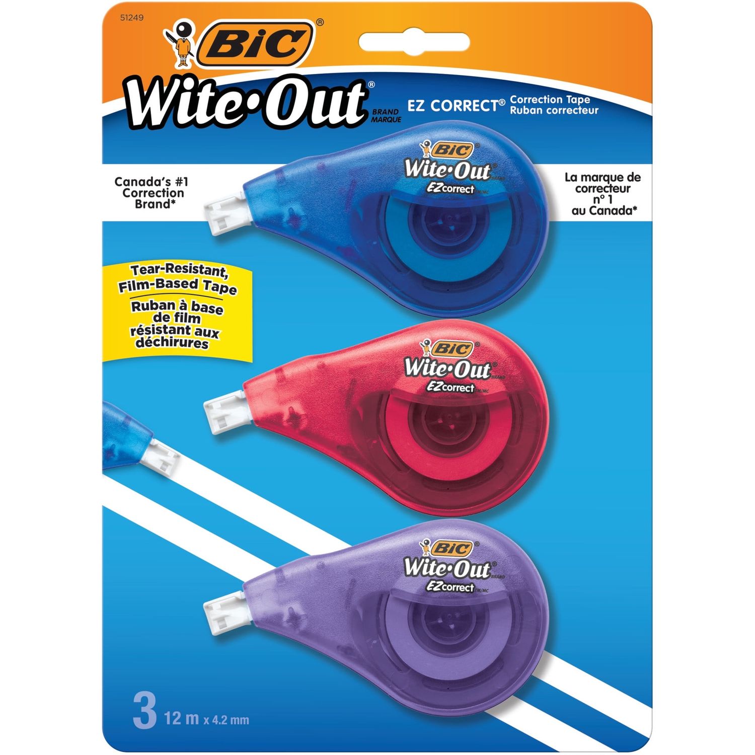 Bic Wite-Out Ez Correct Correction Tape, White, No Dry Time, Tear Resistant Tape, 3-Count