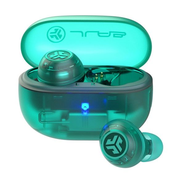 JLab Go Pop Active Noise Cancelling Bluetooth Earbuds Charging Case Transparent Teal