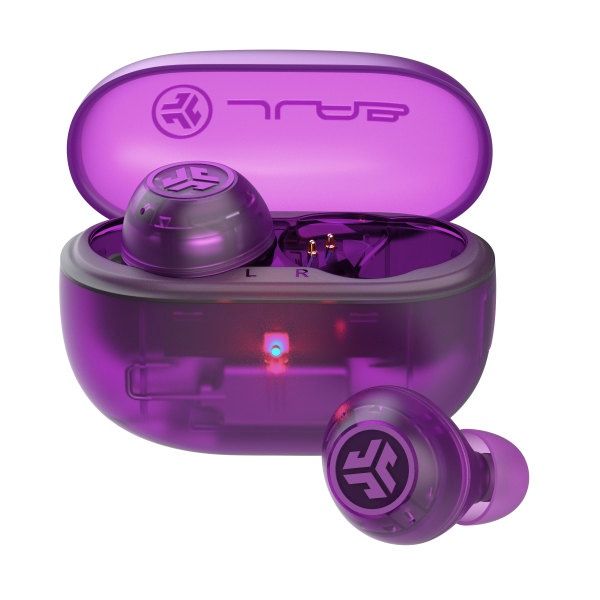 JLab Go Pop Active Noise Cancelling Bluetooth Earbuds Charging Case Transparent Purple