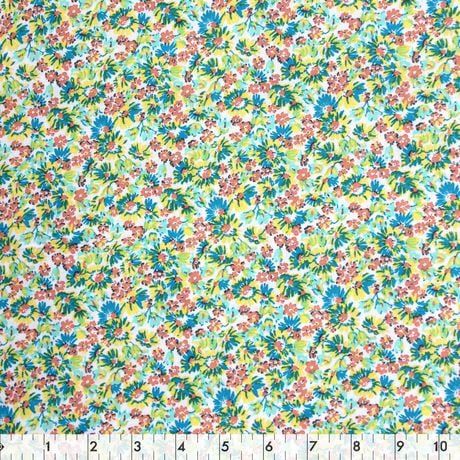 Fabric Creations White With Yellow, Orange And Blue Small Flowers Cotton Fabric By The Metre White 42"