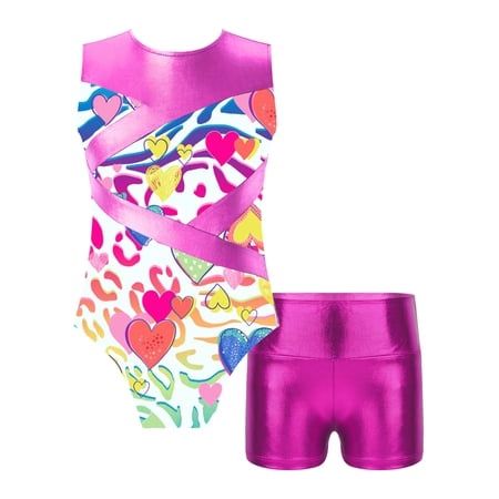 TTAO Girls Metallic Gymnastics Outfits Sleeveless Leotard with Shorts Set Athletic Dancewear Biketard Hot Pink 4