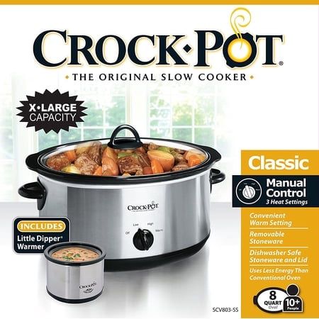 crockpot scv803-ss 8 quart manual slow cooker with 16 oz little dipper food warmer, stainless steel