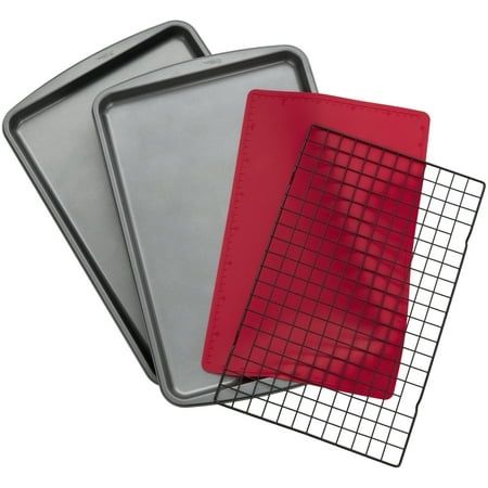 Wilton Nonstick Cookie Sheet Cooling Grid and Silicone Baking Mat Bakeware Set 4-Piece