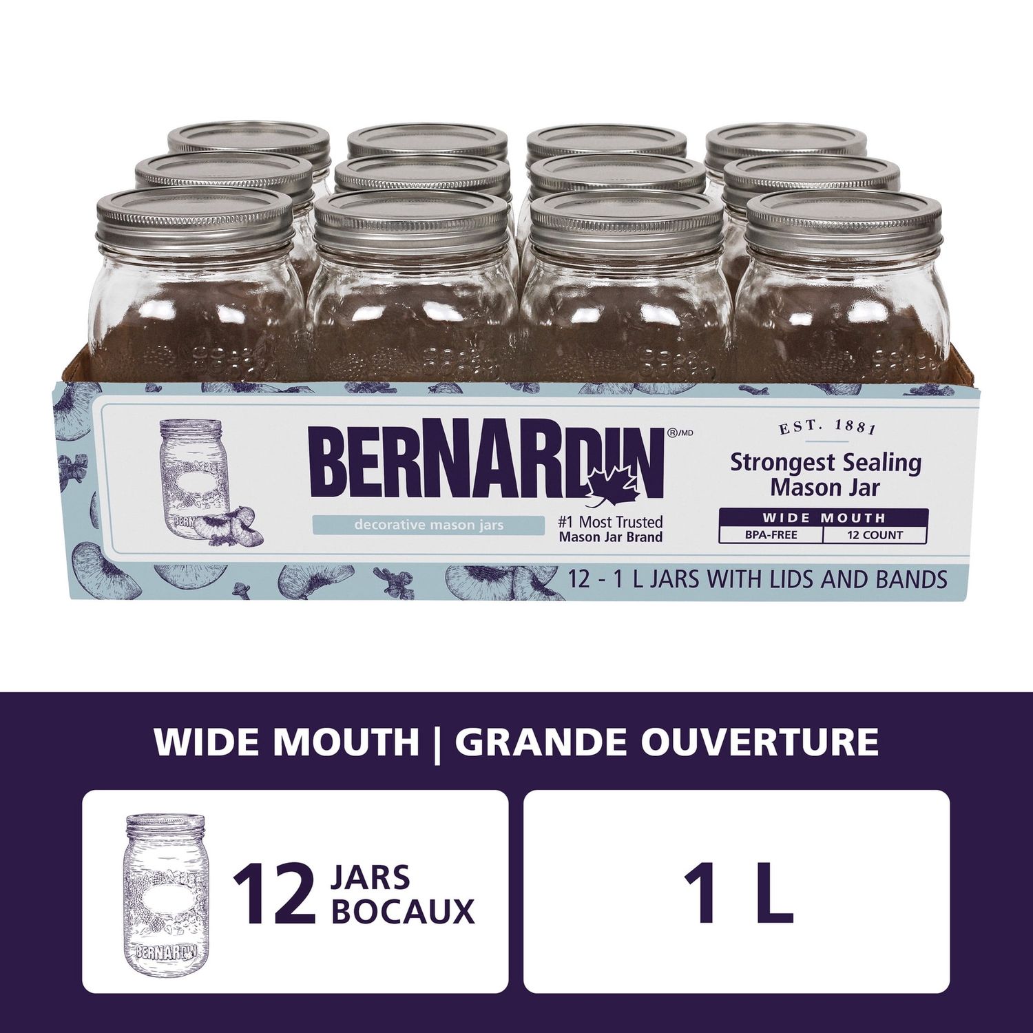 Bernardin Decorative Mason Jars, Wide Mouth, 1 L, 12 Count Wide Mouth (86 Mm)