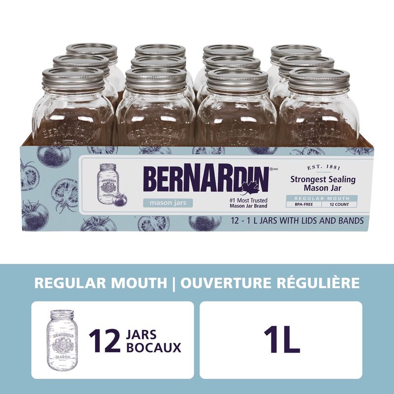 Bernardin Mason Jars, Regular Mouth, 1 L, 12 Count Standard (70 Mm)