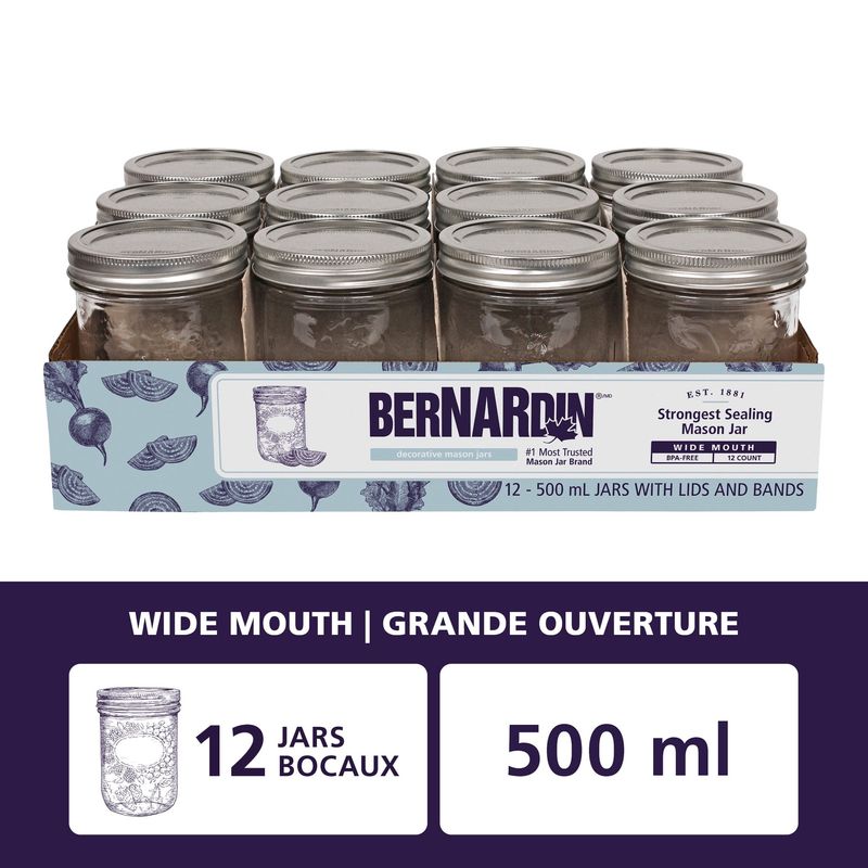 Bernardin Decorative Mason Jars, Wide Mouth, 500 Ml, 12 Count Wide Mouth (86 Mm)