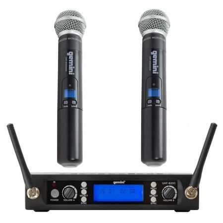 Gemini UHF Dual Channel Wireless Microphone System - Professional UHF Receiver with 2 Handheld Mics Selectable Frequencies LCD Display 240ft Range Rack Mountable for Stage Performance (UHF-6200M)
