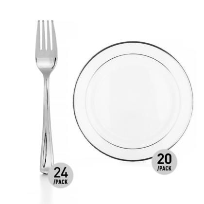 Premium Party Plastic White Plates With Silver Rim 7.5" 20Pcs + Premium Silver Plastic Fork 24Pcs