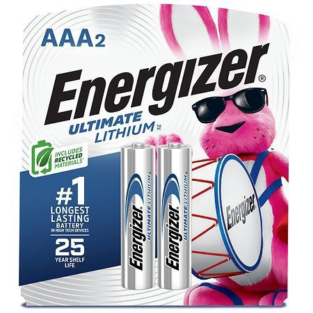 Energizer 2pk Ultimate Lithium AAA Batteries: Household Single-Use, 1.5V, Metallic Silver