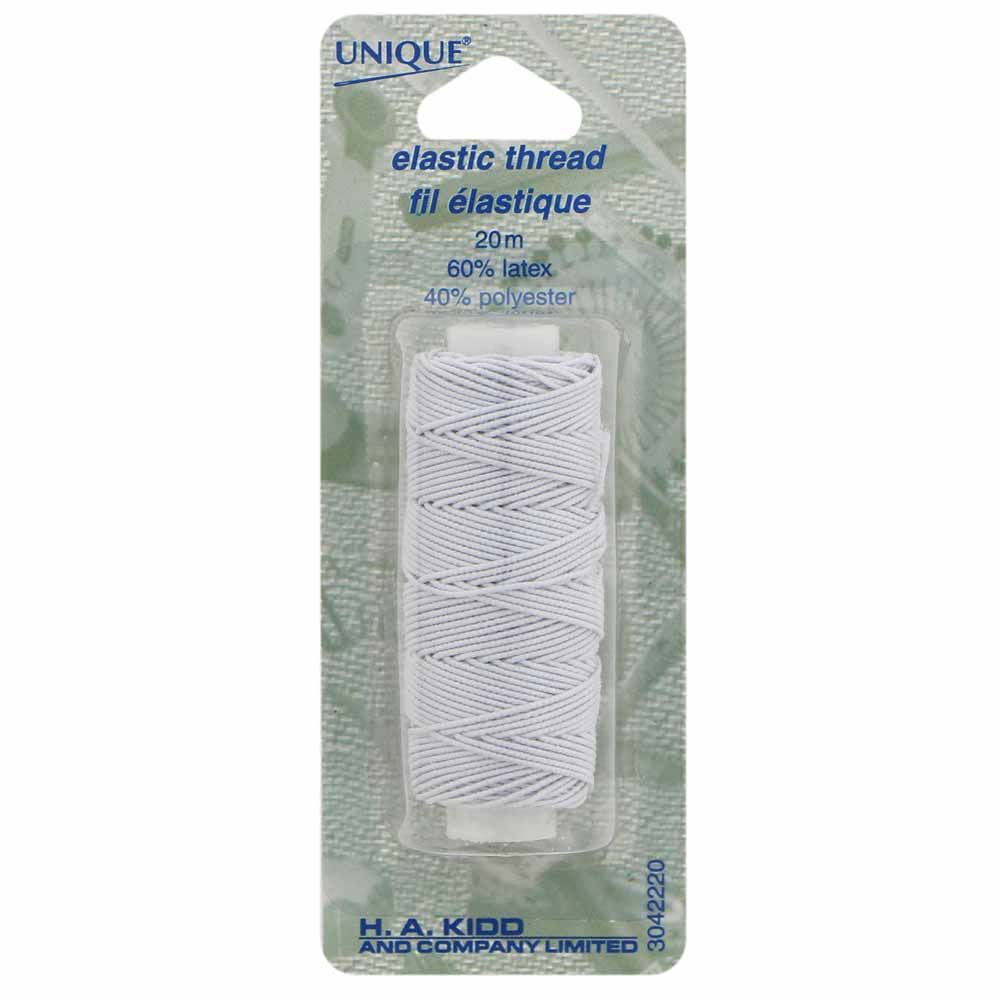 Unique Elastic Thread 20m - WhiteIdeal for ruffling or gathering. For hand or machine sewing. Wind onto machine bobbin by hand. 60% latex, 40% polyester.
