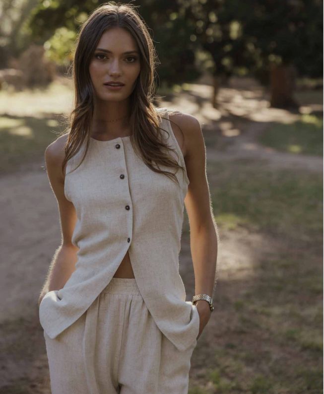 Lila Rose - Santorini Long Waistcoat - Rayon Linen, Colour: Stone, SIze: S