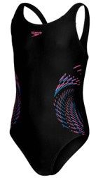 Speedo Girls Placement Muscleback Swimsuit - Black/Pink, Colour: Black/Pink, Sizes: Size 5-6