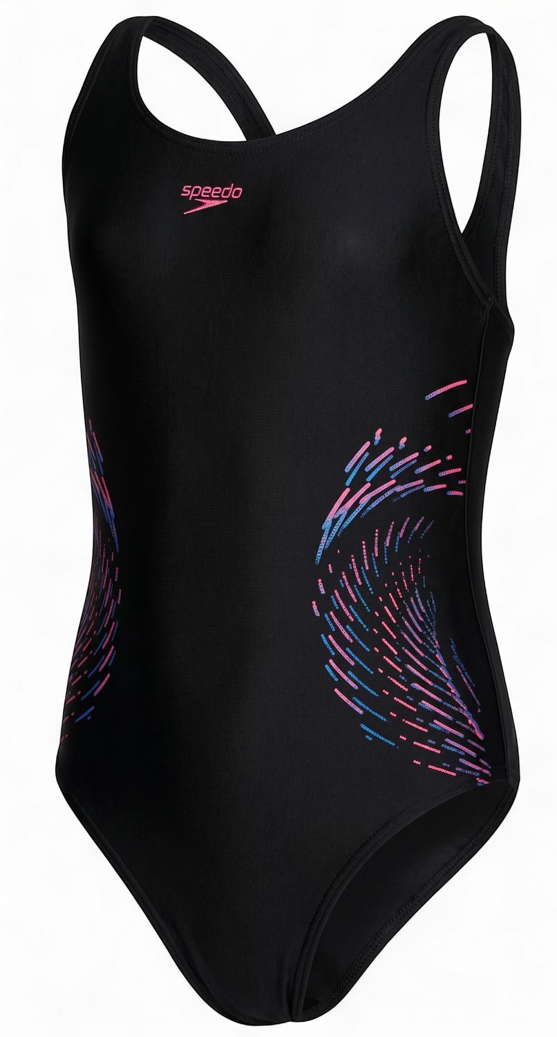 Speedo Girls Placement Muscleback Swimsuit - Black/Pink, Colour: Black/Pink, Sizes: Size 5-6