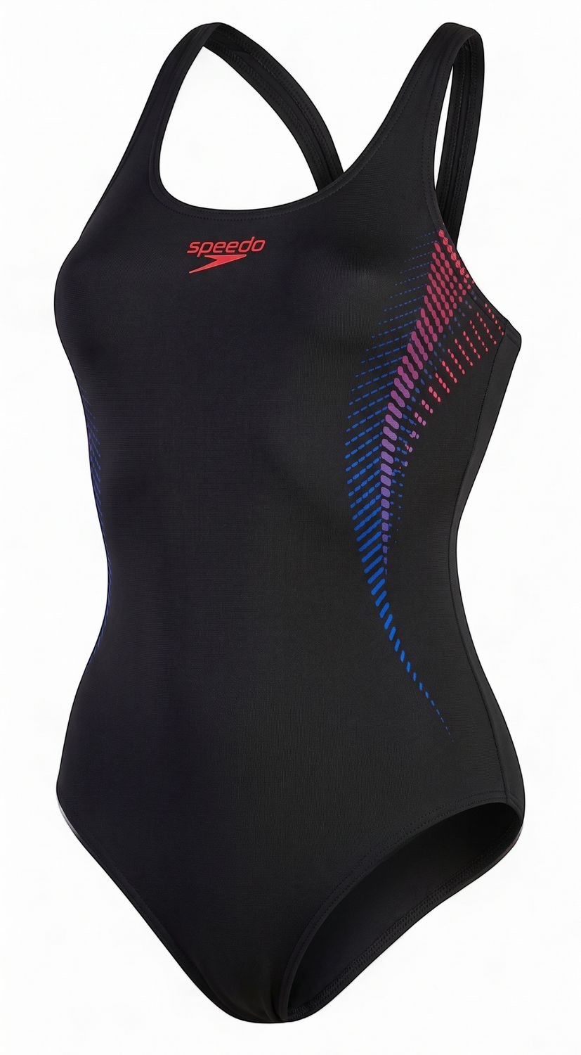 Speedo Ladies Placement Muscleback Swimsuit - Black/Fedred, Sizes: Size 30