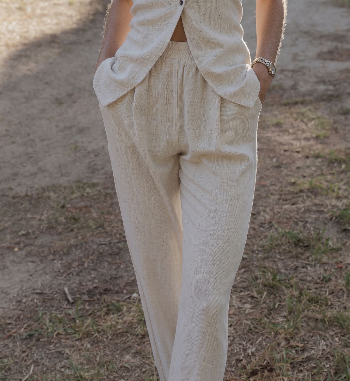 Lila Rose - Santorini Pleated Pants - Rayon Linen, Colour: Stone, SIze: S