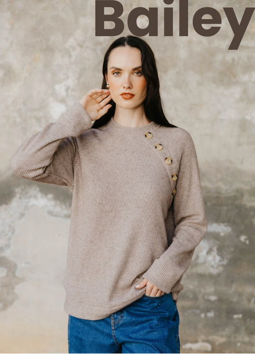 Gia - Bailey - Heavy Rib Knit Button Detail Pullover - Taupe, Size.: XS