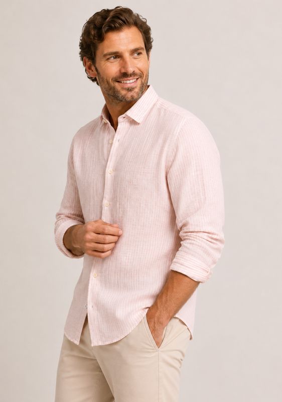 FNF - Linen Long Sleeve Shirt - Rose Pink Striped - 31.021