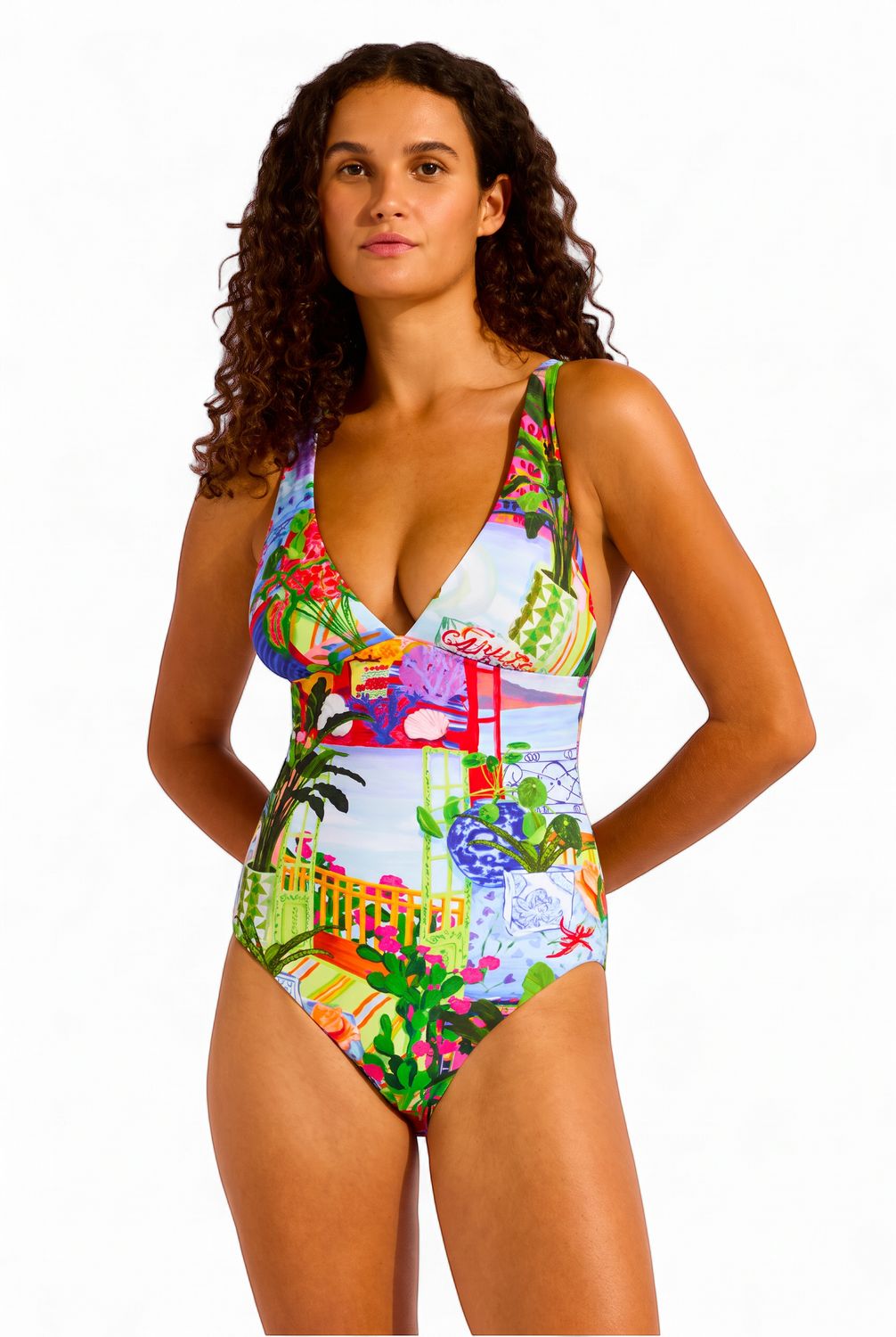 Seafolly - La Boca Deep V Neck One Piece  - Sapphire, Size.: 32