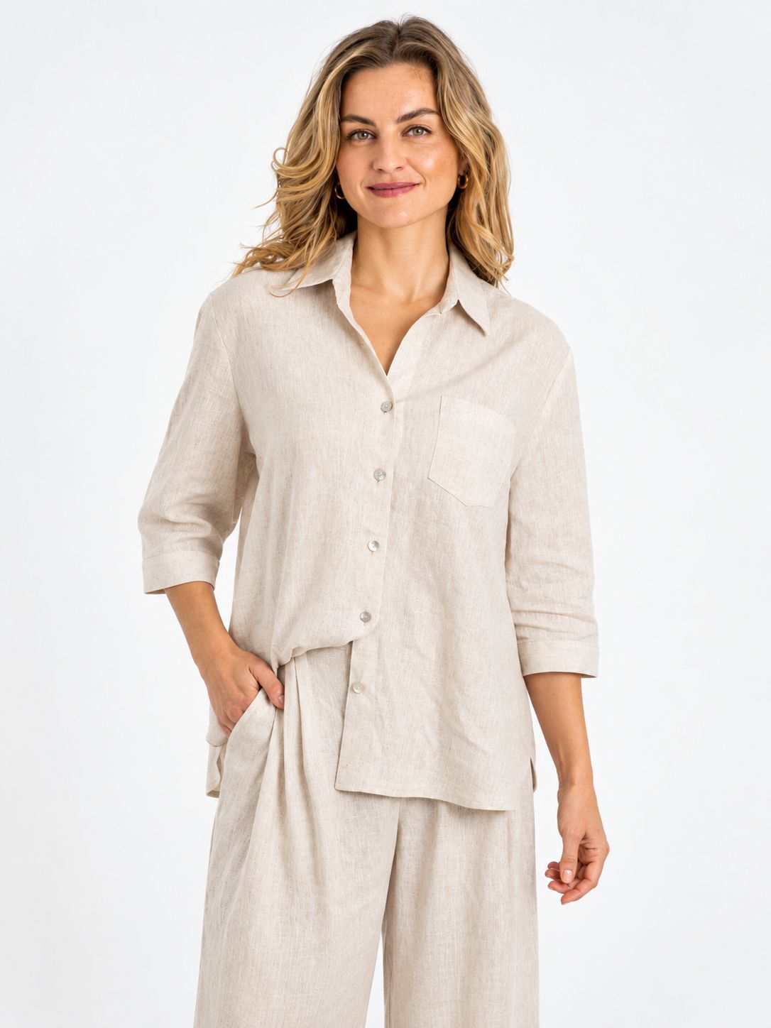 Slick - Finley - Linen 3/4 Shirt - Stone, Size.: 1