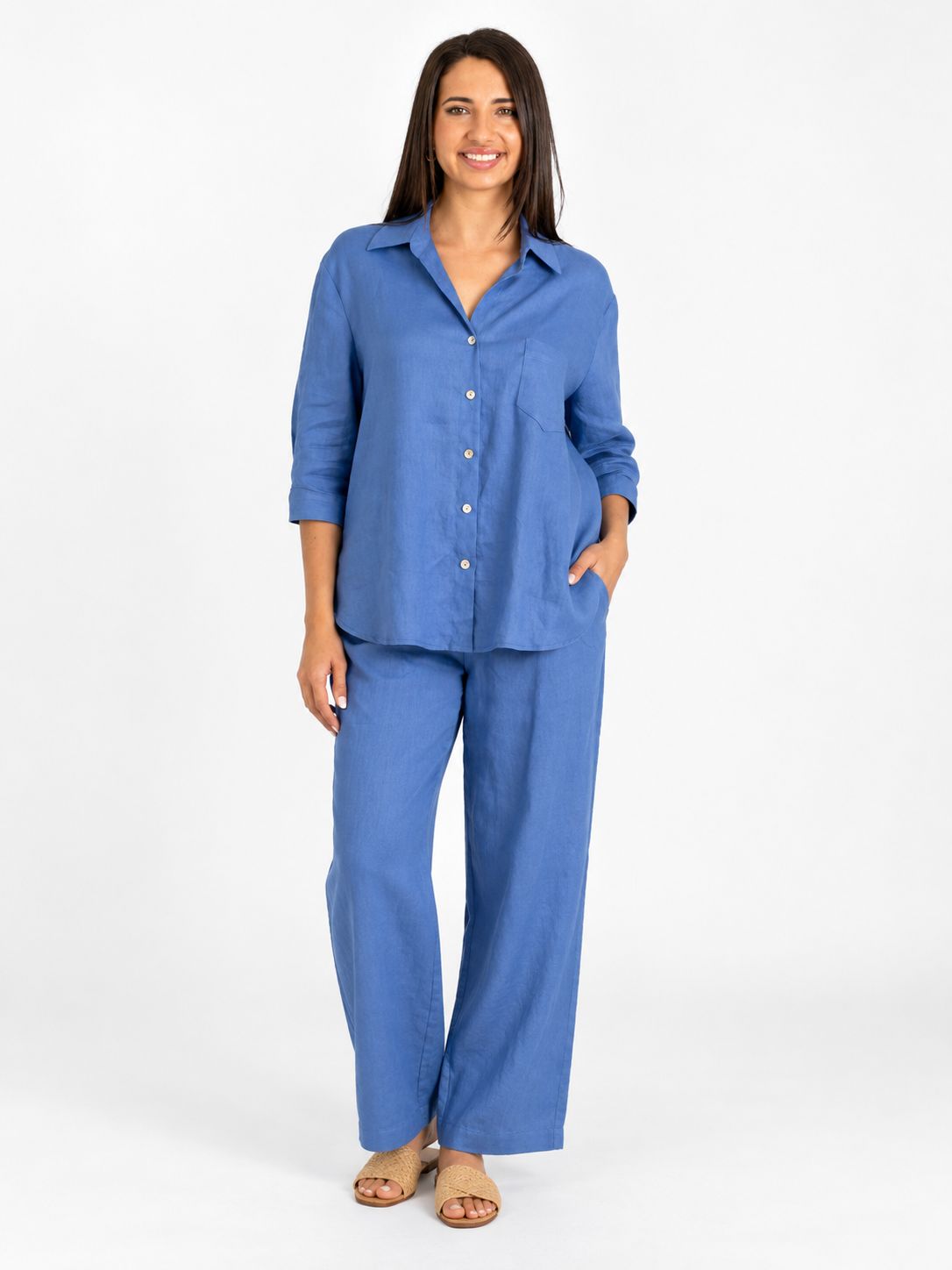 Slick - Finley - Linen 3/4 Shirt - Denim Blue, Size.: 1