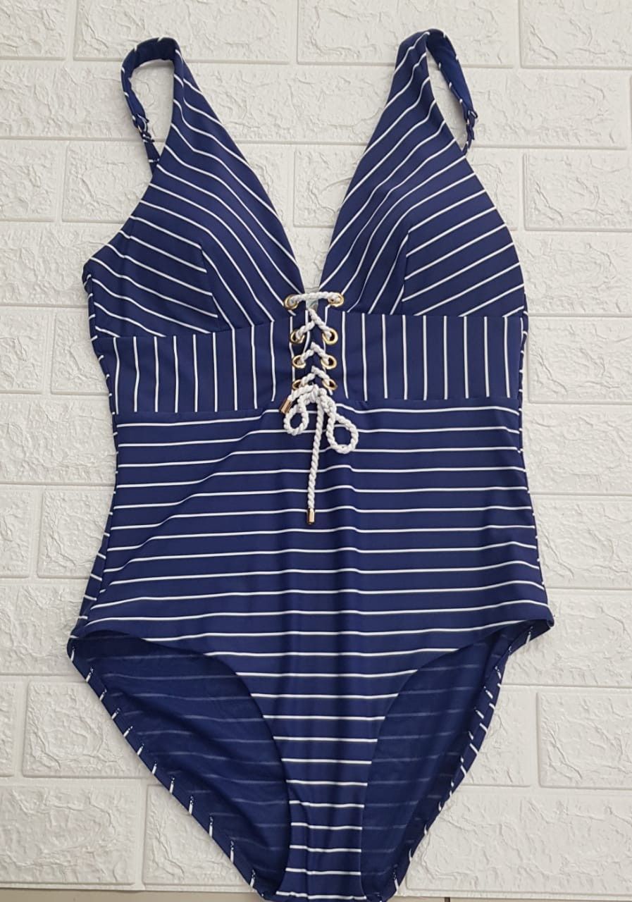 Sea Level -Lace Up Longline/One Piece -Mid Navy Striped -SL1574SL, Colour: Mid Navy Stripes, Size.: UK 8, Style: One Piece
