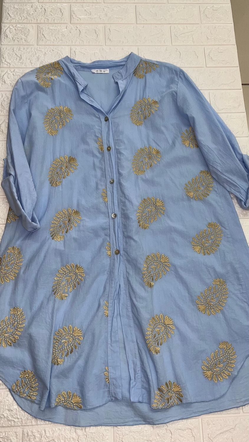 Italy -  Embroided Gold Print Short Shirt Dress