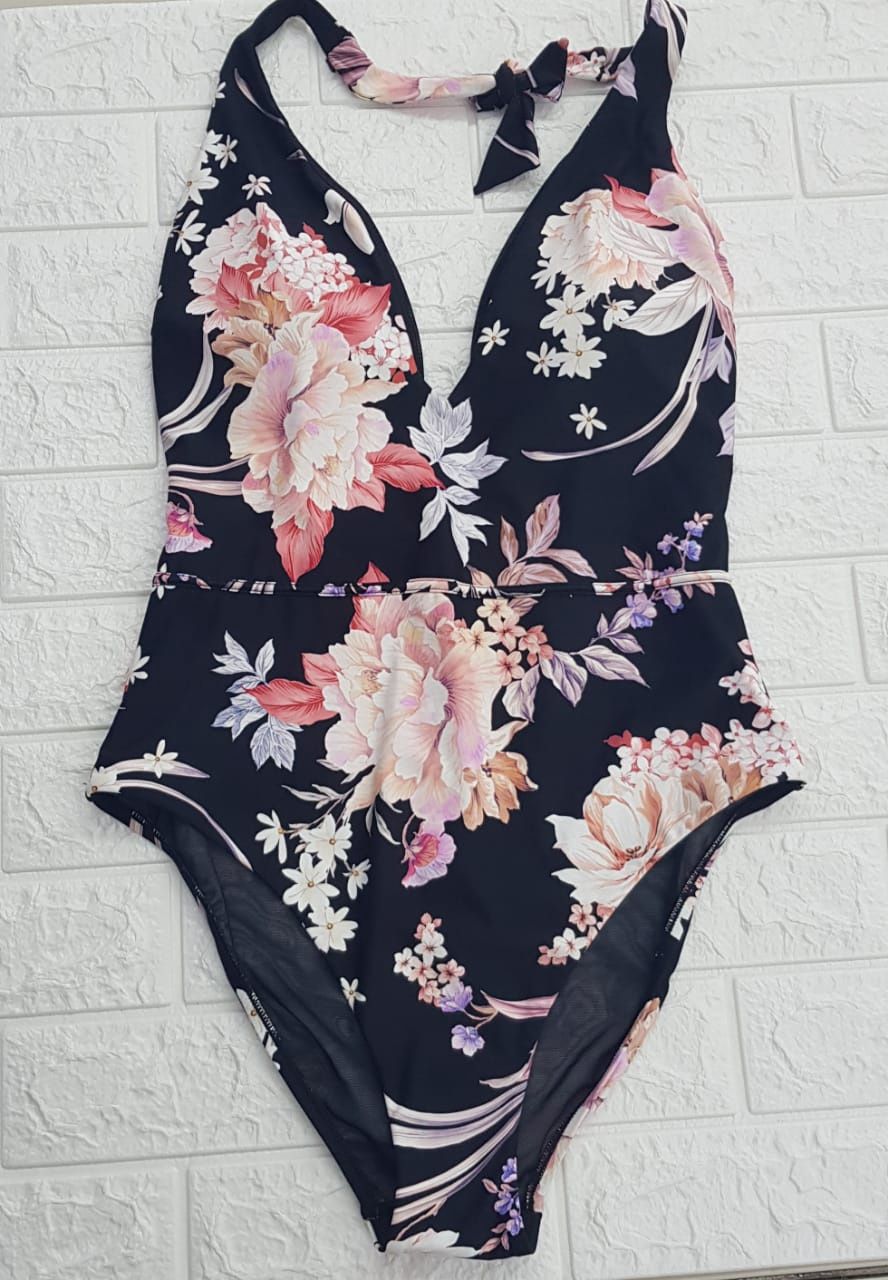 Sea Level - V- Neck Halter Neck /One Piece / SL1588MR, Colour: Black Floral, Size.: UK 8, Style: V-Neck