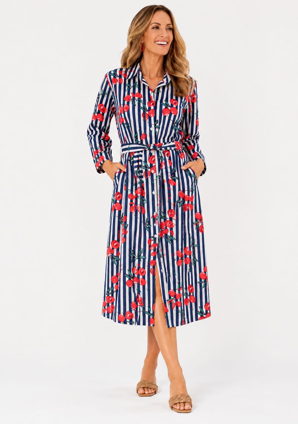 Iconic - Cherries Stripe Dress - Navy, Size.: X-Small