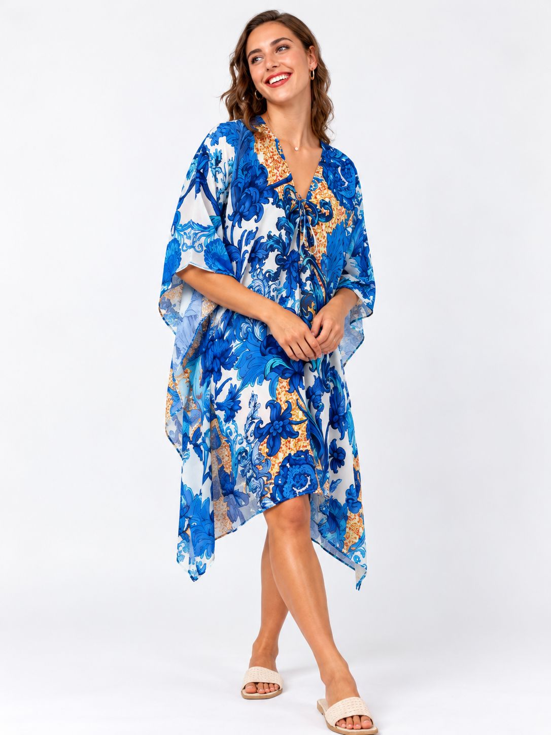 Iconic - Victoria Kaftan - Blue and White Fleur de Lys, Size.: One Size
