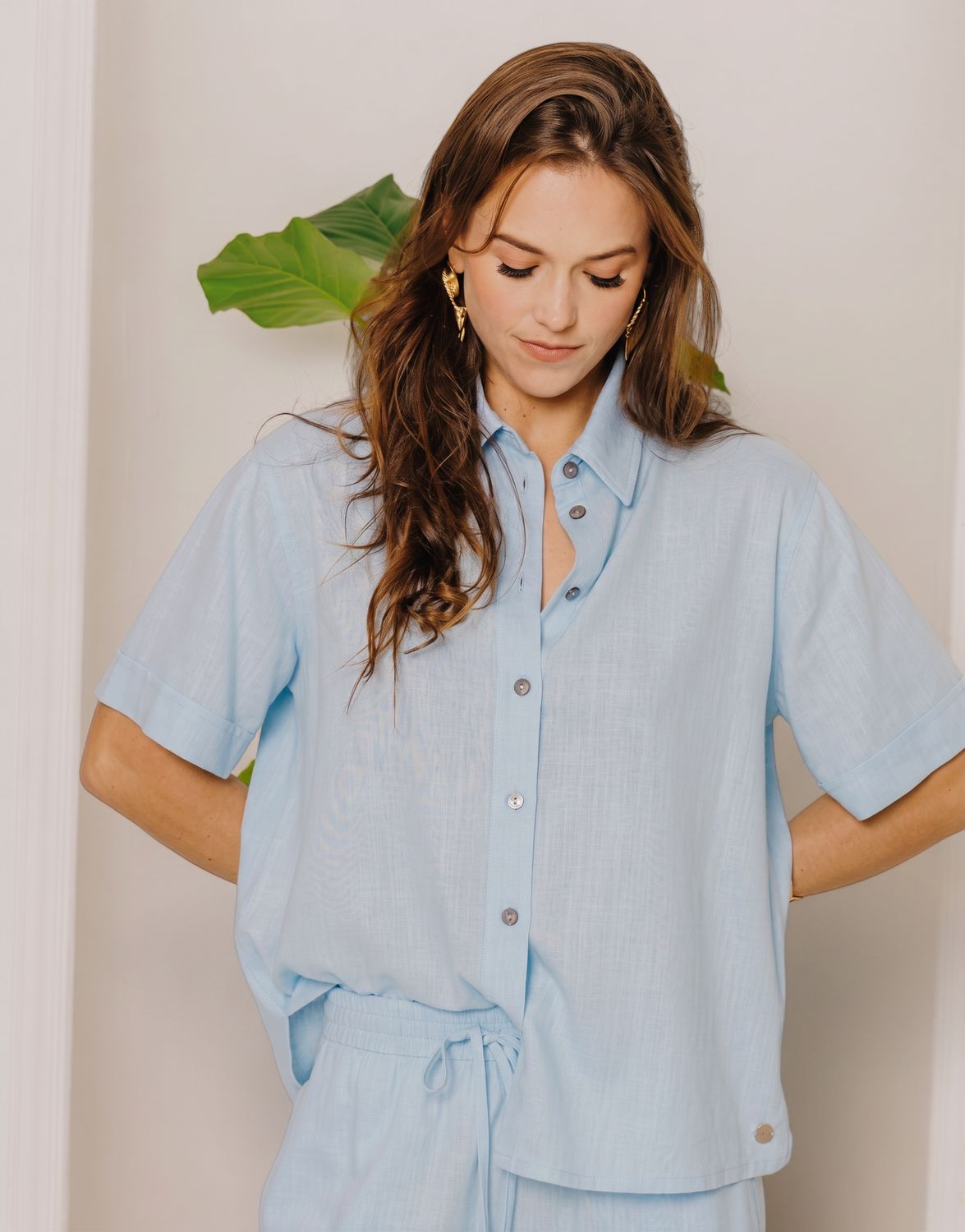 Gia - Linen Slub Button Down S/Sleeve Shirt - Blue, Colour: Blue, Size.: XS