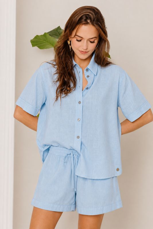 Gia - Linen Slub Button Down S/Sleeve Shirt - Blue