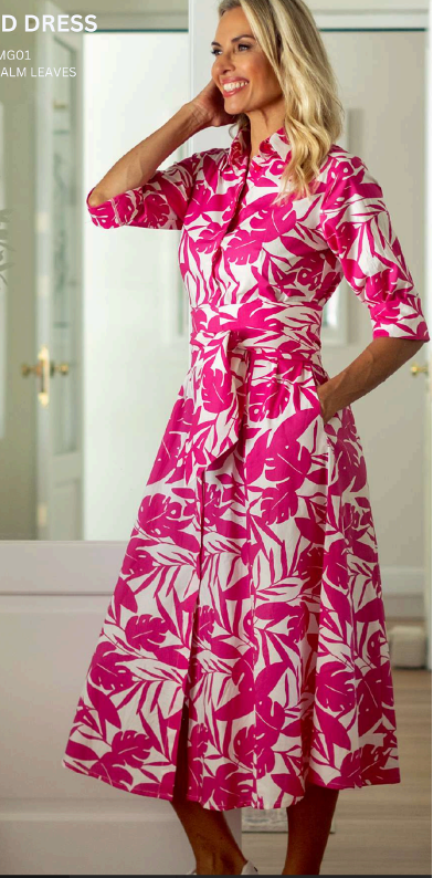 Iconic - Marigold Dress - Cerise Pink Palm Leaves