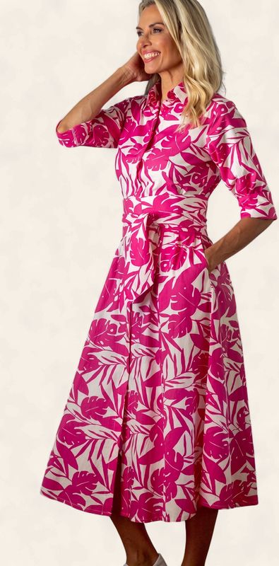 Iconic - Marigold Dress - Cerise Pink Palm Leaves